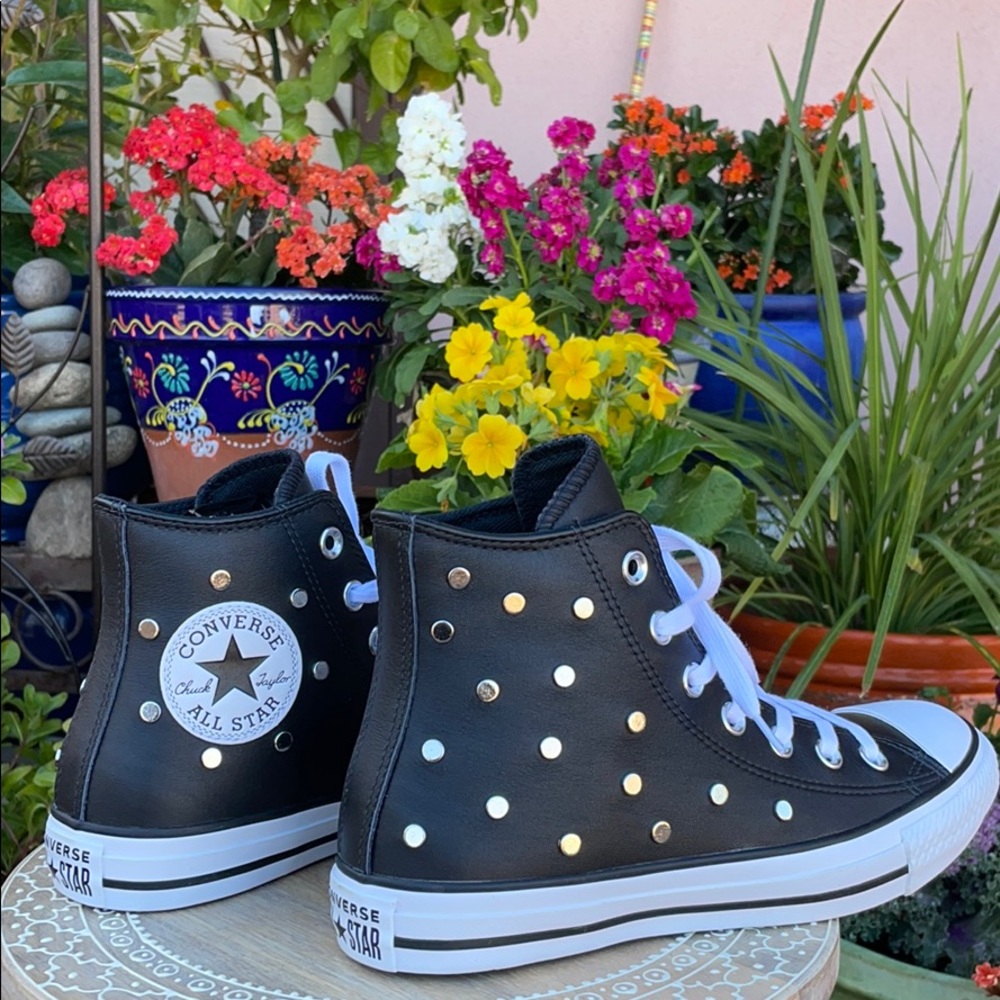 Leather & Silver Studded Converse Hi Tops Sz 7 - Picture 12 of 16
